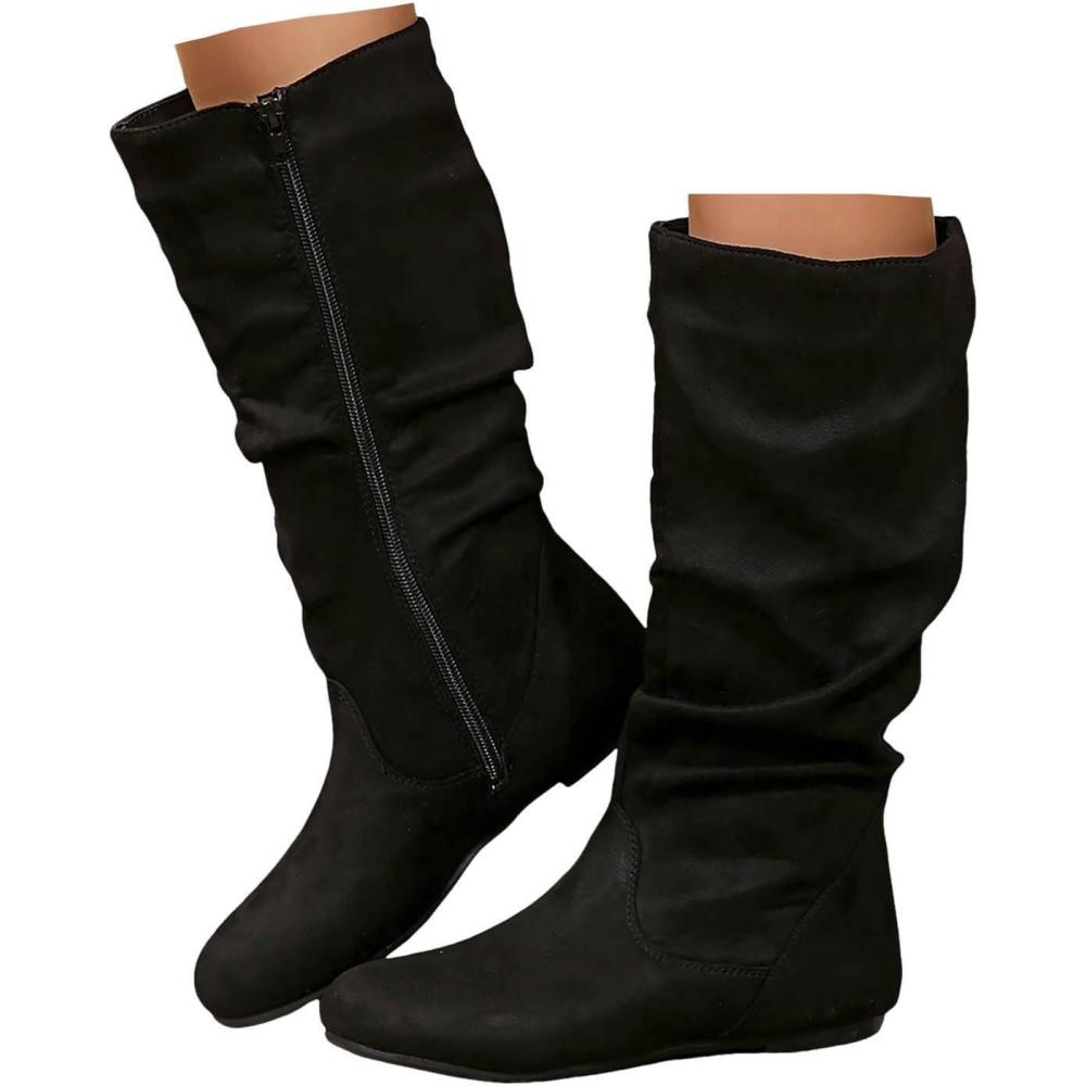 imageBottes pour femme Demitige plate avec fermeture clair Bout rond Bottes western en daim Bottes mihautes lgantes Bottes hautes pour femme Bottes dhiverNoir