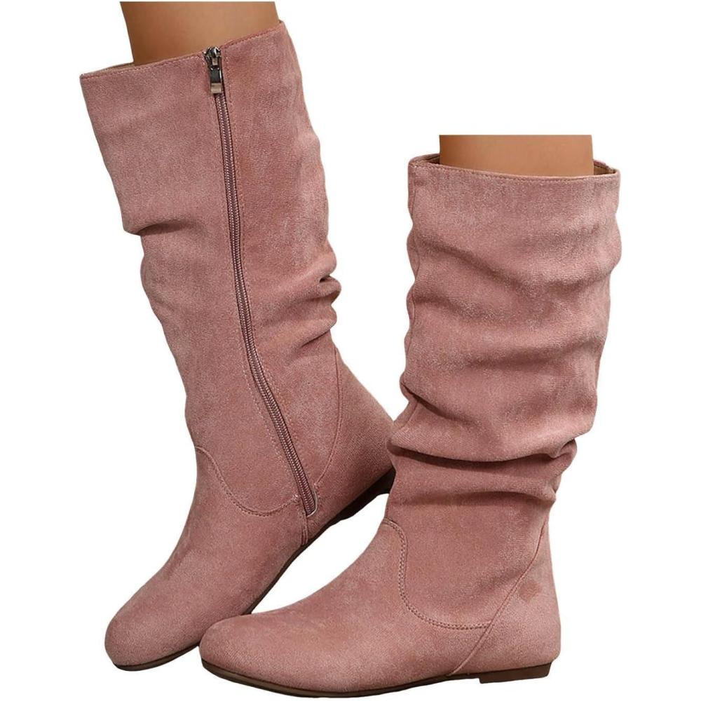 imageBottes pour femme Demitige plate avec fermeture clair Bout rond Bottes western en daim Bottes mihautes lgantes Bottes hautes pour femme Bottes dhiverRose