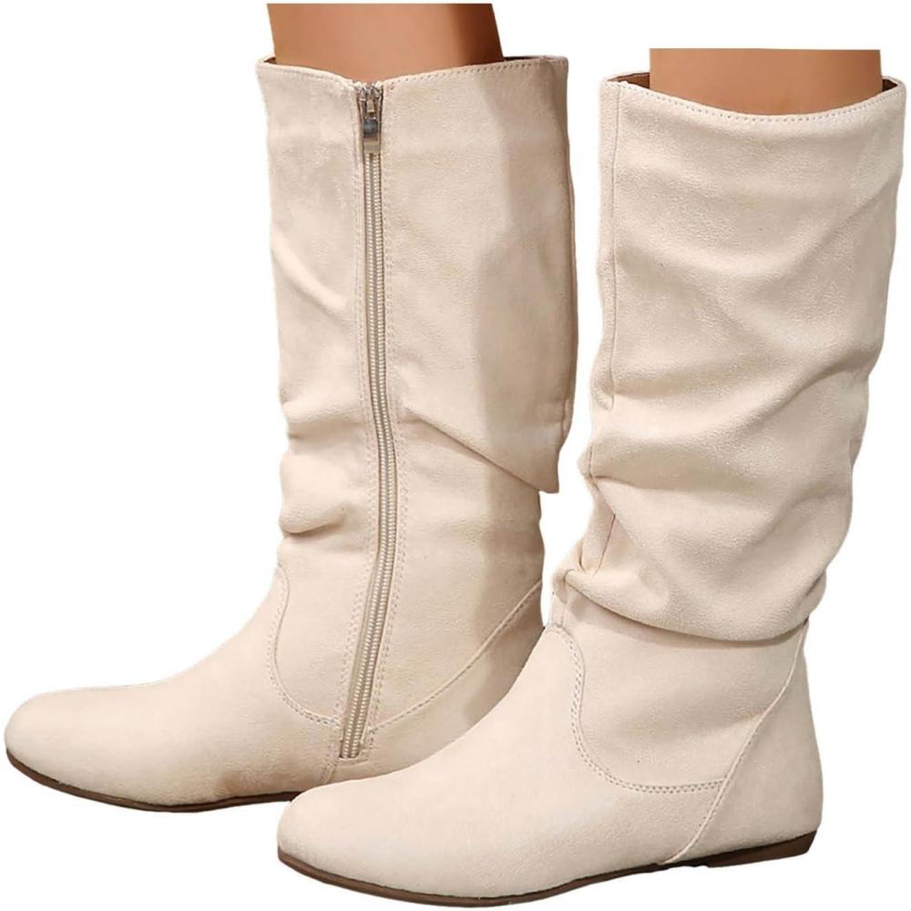 imageBottes pour femme Demitige plate avec fermeture clair Bout rond Bottes western en daim Bottes mihautes lgantes Bottes hautes pour femme Bottes dhiverBeige