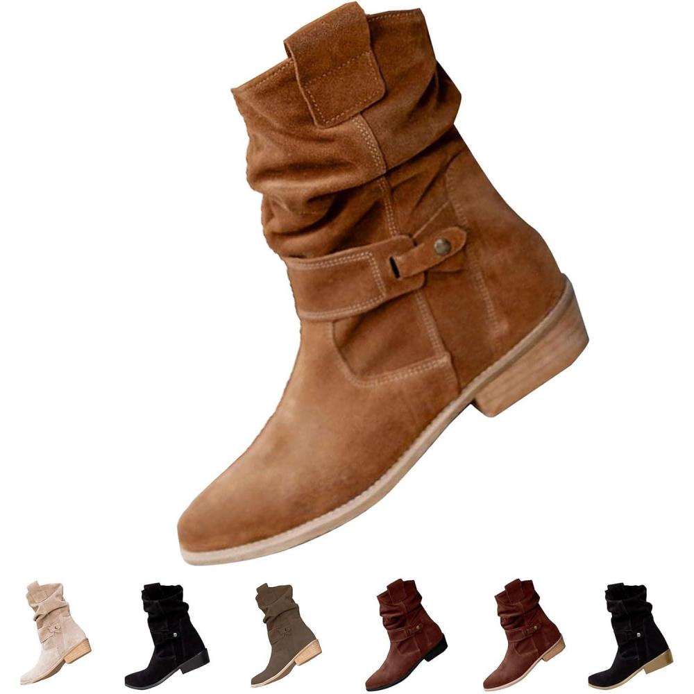 imageBottines pour femme avec talon Bottes basses lgantes enfiler en daim Bottes de cowboy mihautes Bottes dhiver bout rond Bottes western antidrapantes Bottes dhiver pour femmeMarron