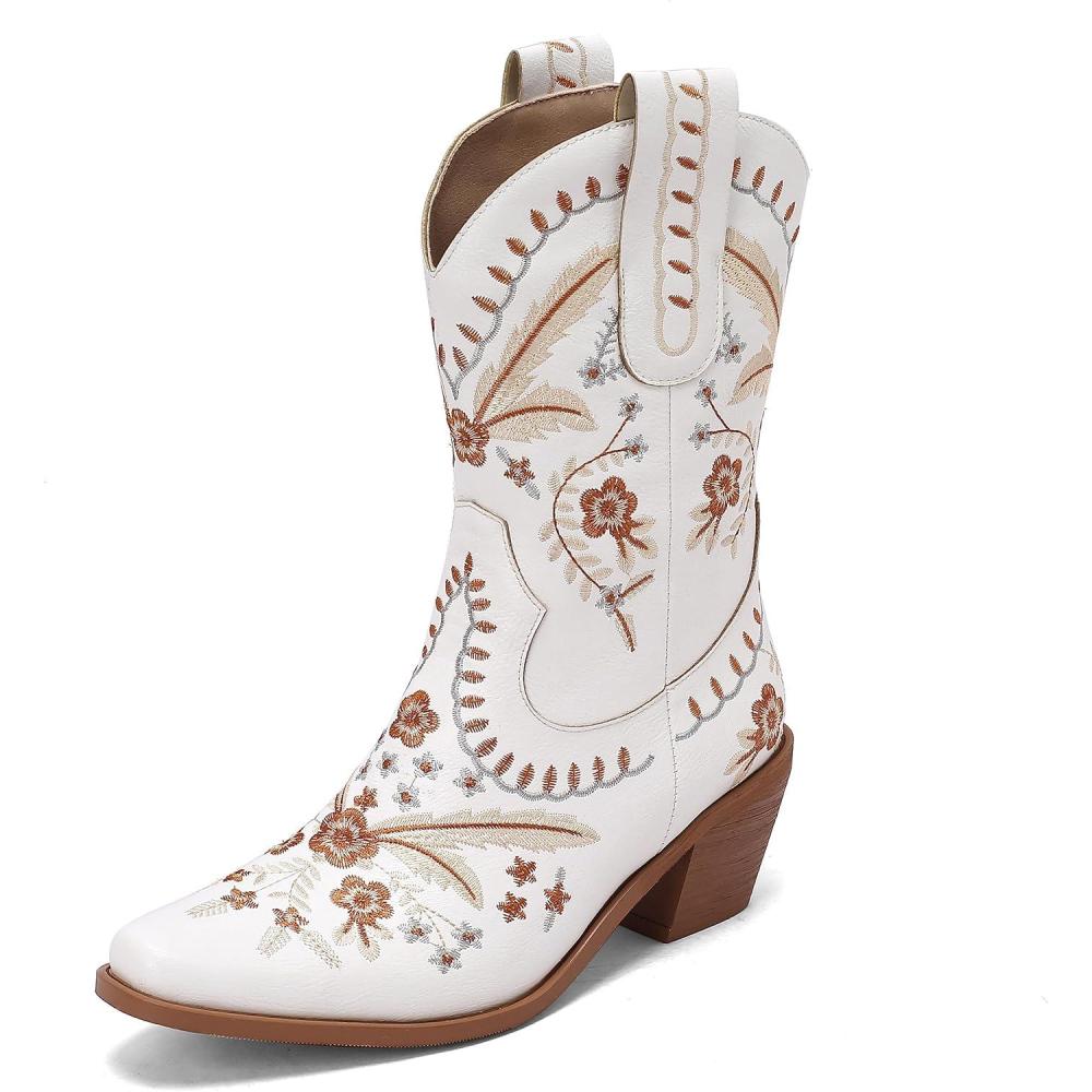 imageCarkuolary Donne Western Cowboy Lavoro Stivali with EmbroideredBlanc 01