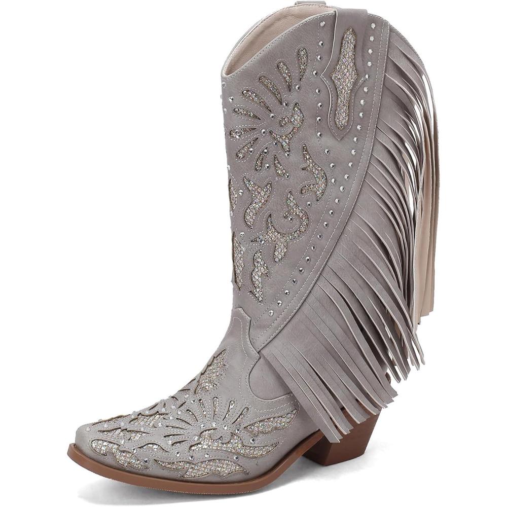 imageCarkuolary Donne Western Cowboy Lavoro Stivali with EmbroideredGray 02
