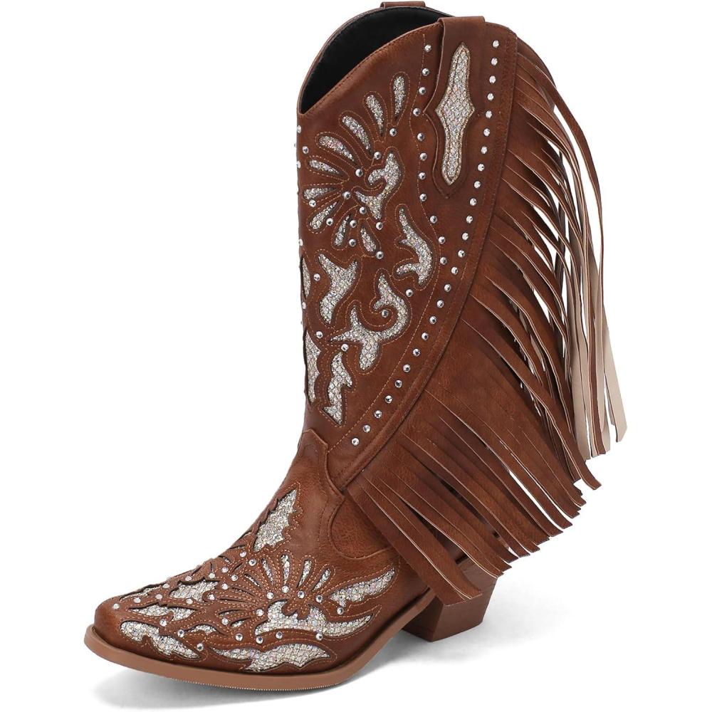 imageCarkuolary Donne Western Cowboy Lavoro Stivali with EmbroideredMarron 02