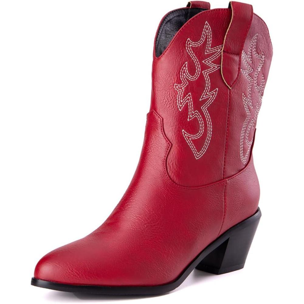 imageCarkuolary Femmes Classique Basic Western Bottes de cowboy with Embroidered Bout PointuBig Rouge 01
