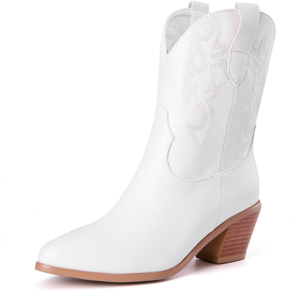 imageCarkuolary Femmes Classique Basic Western Bottes de cowboy with Embroidered Bout PointuBlanc 01