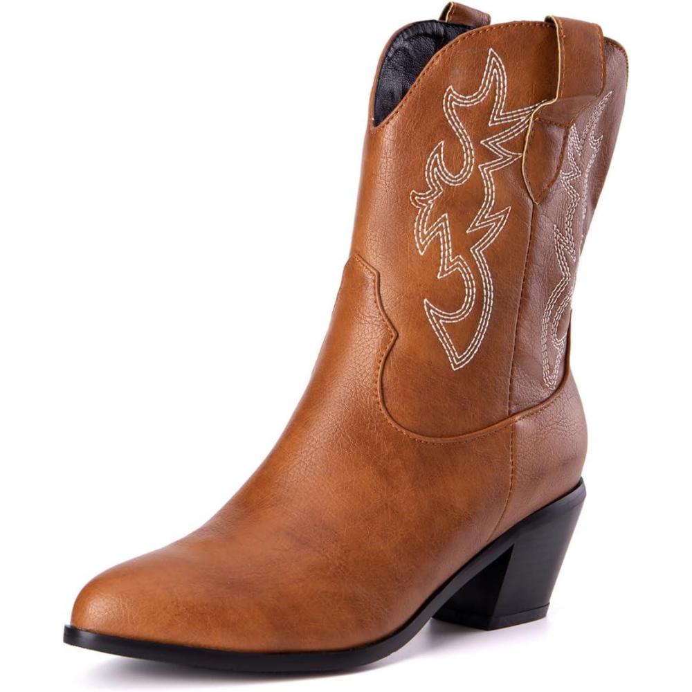 imageCarkuolary Femmes Classique Basic Western Bottes de cowboy with Embroidered Bout PointuLight Marron 01
