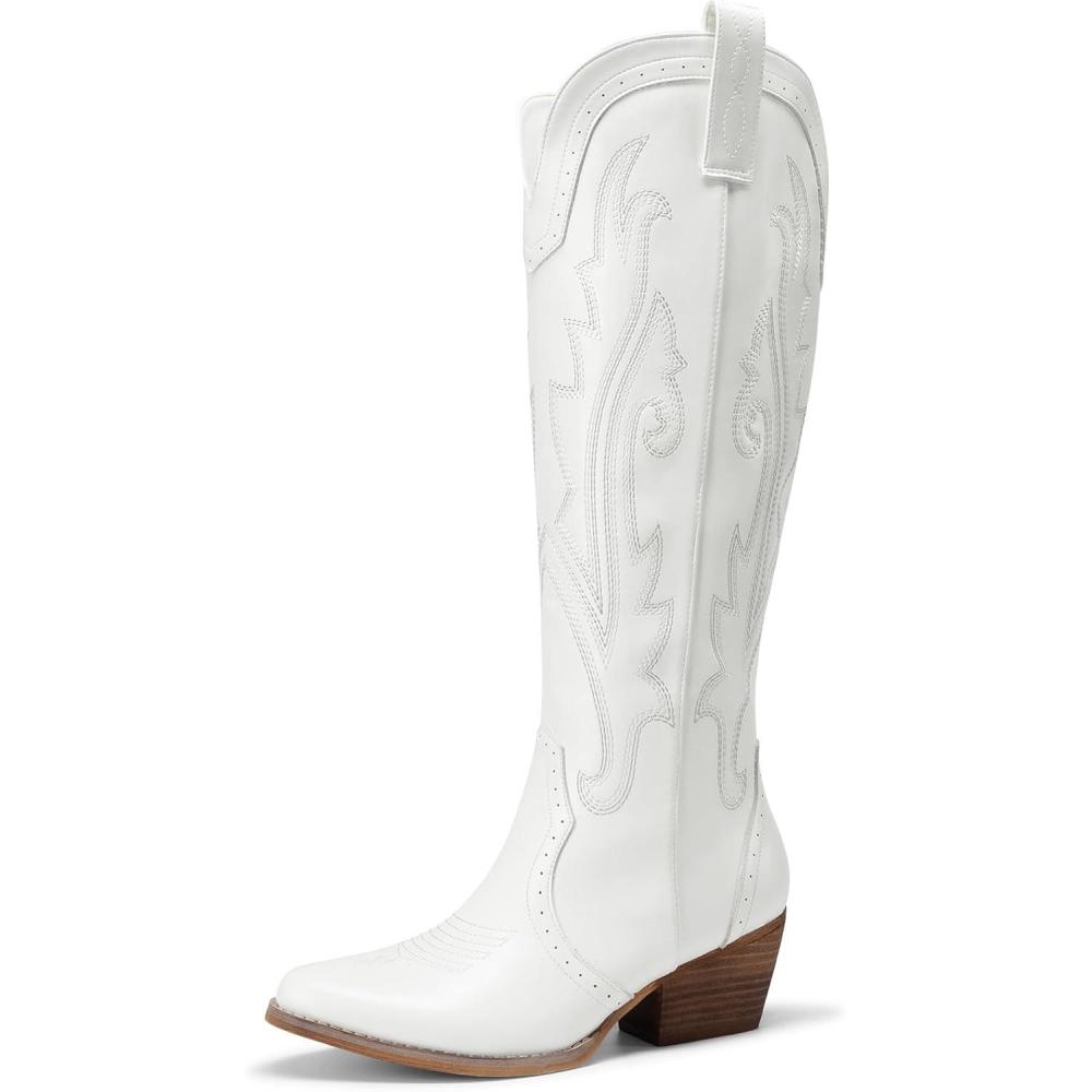 imageDREAM PAIRS Bottes Femme Hautes Western Bottes Cowboy jusquau Genou avec Broderie Vintage Confortables Style Cowgirl Knee High BootsBlanc