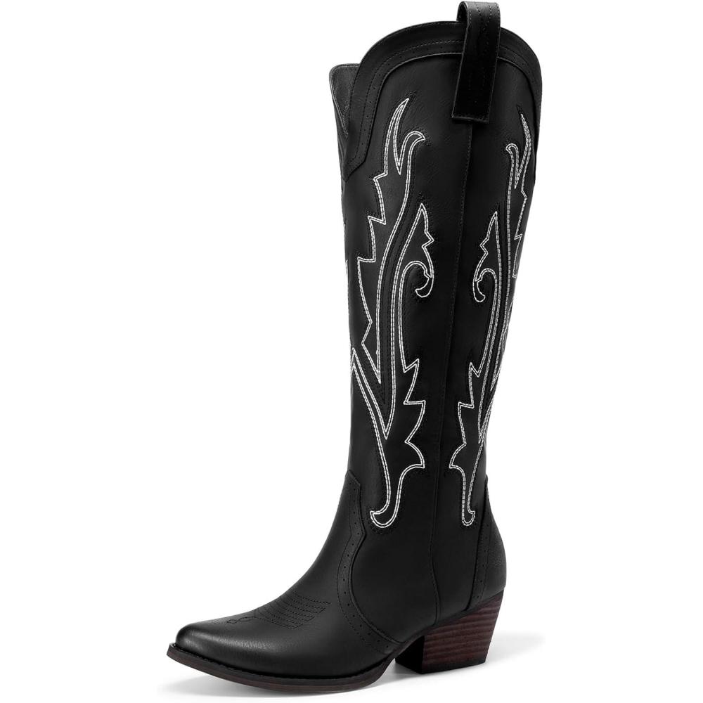 imageDREAM PAIRS Bottes Femme Hautes Western Bottes Cowboy jusquau Genou avec Broderie Vintage Confortables Style Cowgirl Knee High BootsNoir