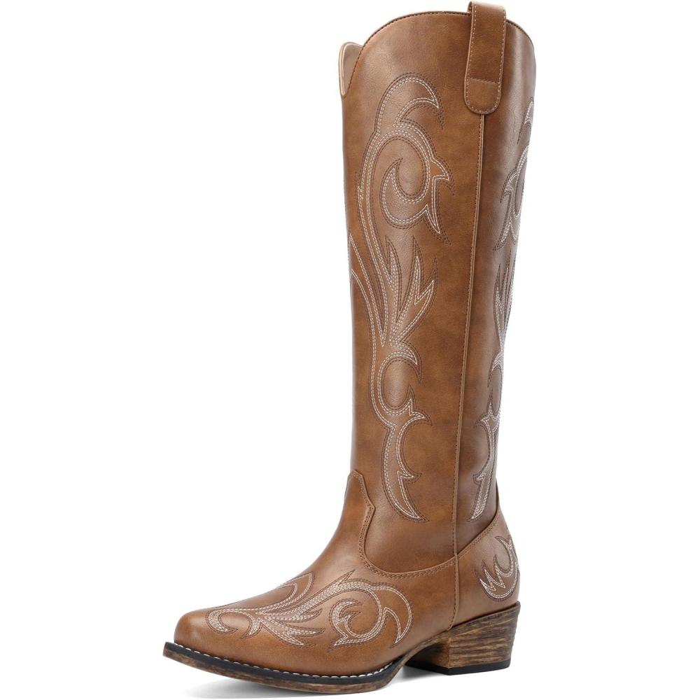 imageDREAM PAIRS Bottes Femme Style Western Cowgirl Confortables Bottes Cowboy Hautes Knee High avec Fermeture clair LatraleBrun
