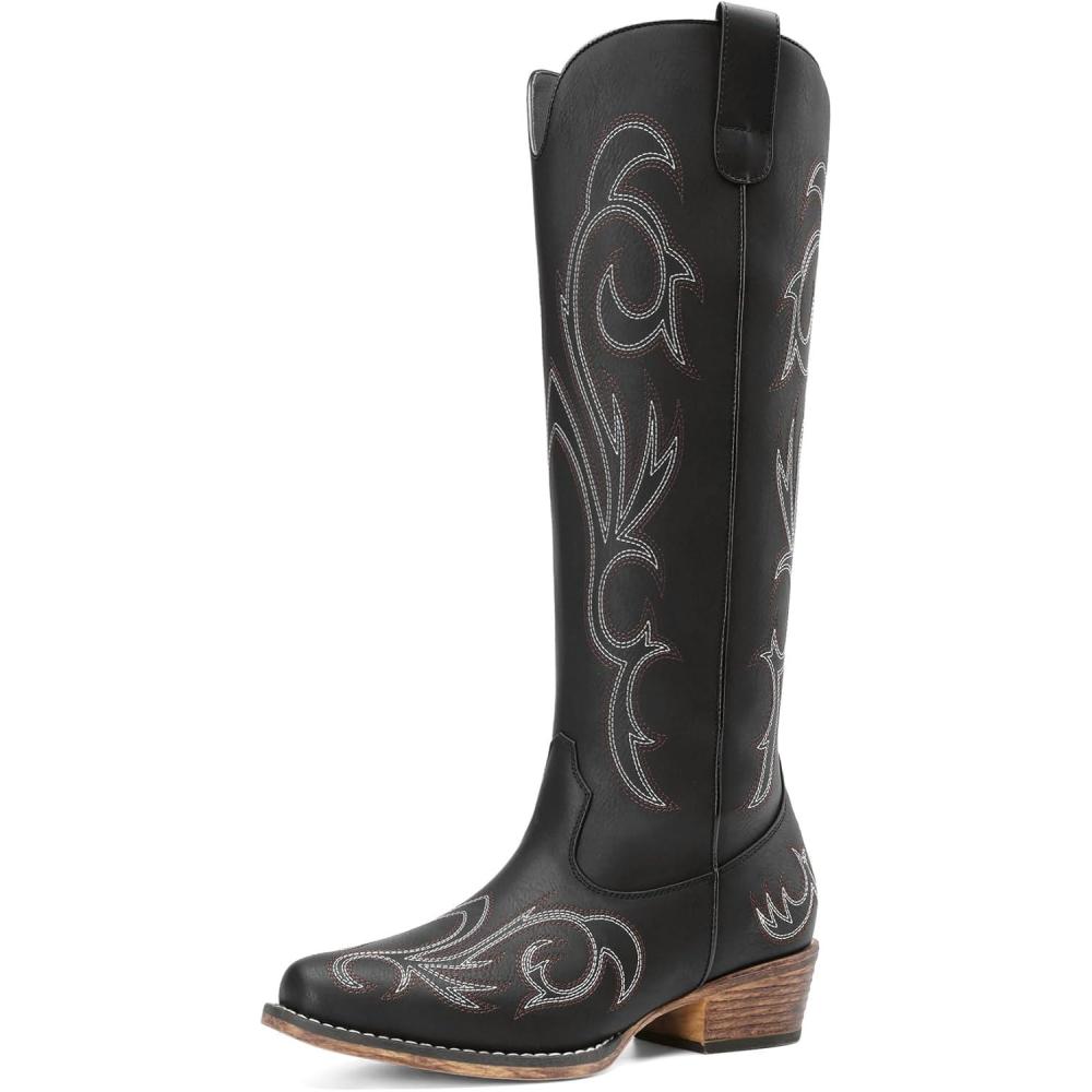 imageDREAM PAIRS Bottes Femme Style Western Cowgirl Confortables Bottes Cowboy Hautes Knee High avec Fermeture clair LatraleNoir