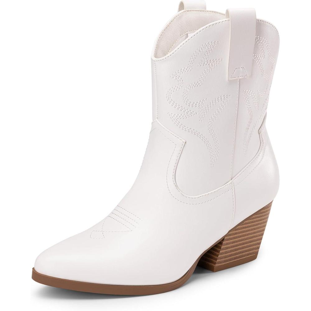 imageDREAM PAIRS Bottes Femme Western Courtes Talon Bloc Bas Bout Pointu Bottines Cowboy Cowgirl Brodes Mode pour Automne HiverBlanc