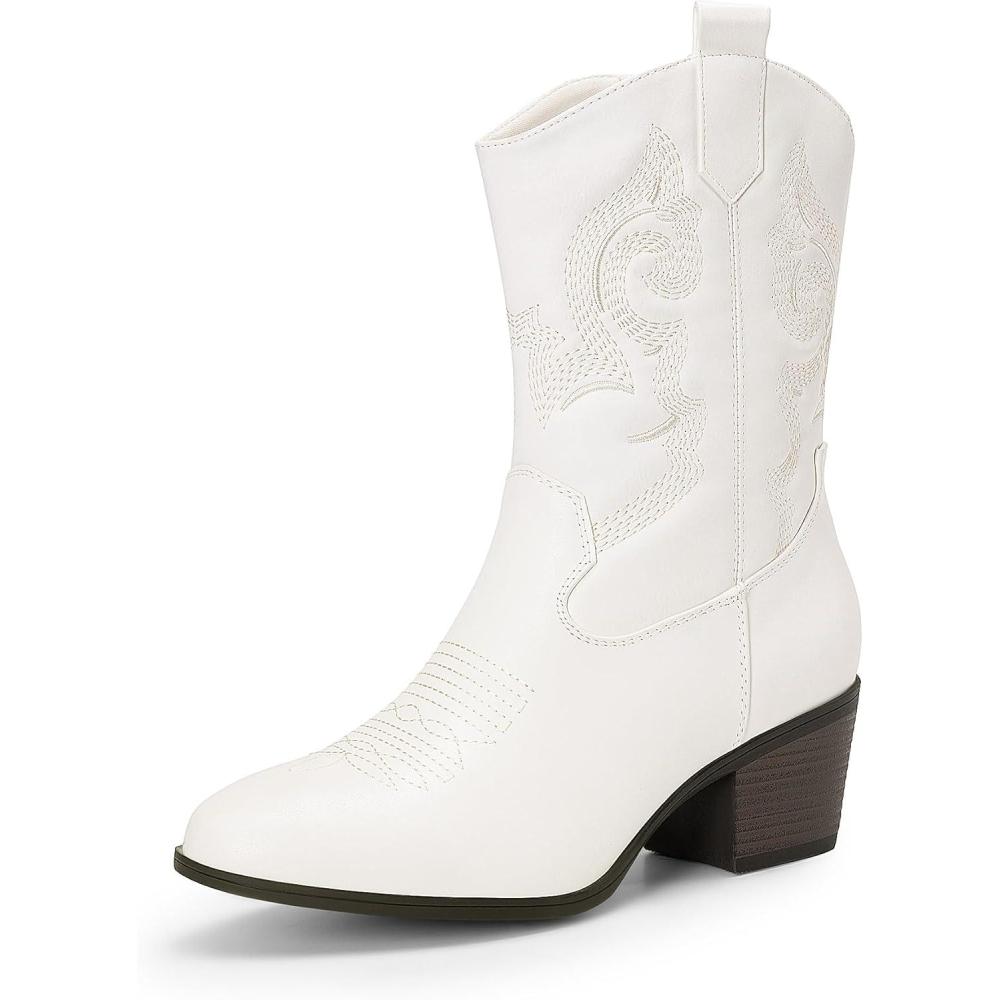imageDREAM PAIRS Bottes Femme Western MiMollet Cowgirl Bout Rond Confortables Talon Cubain Boots Cowboy Mode Polyvalentes pour Festival Soire QuotidienBlanc