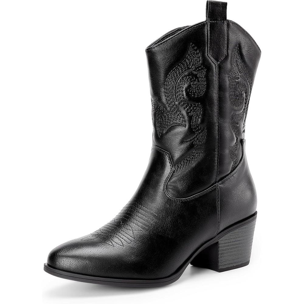 imageDREAM PAIRS Bottes Femme Western MiMollet Cowgirl Bout Rond Confortables Talon Cubain Boots Cowboy Mode Polyvalentes pour Festival Soire QuotidienTout Noir
