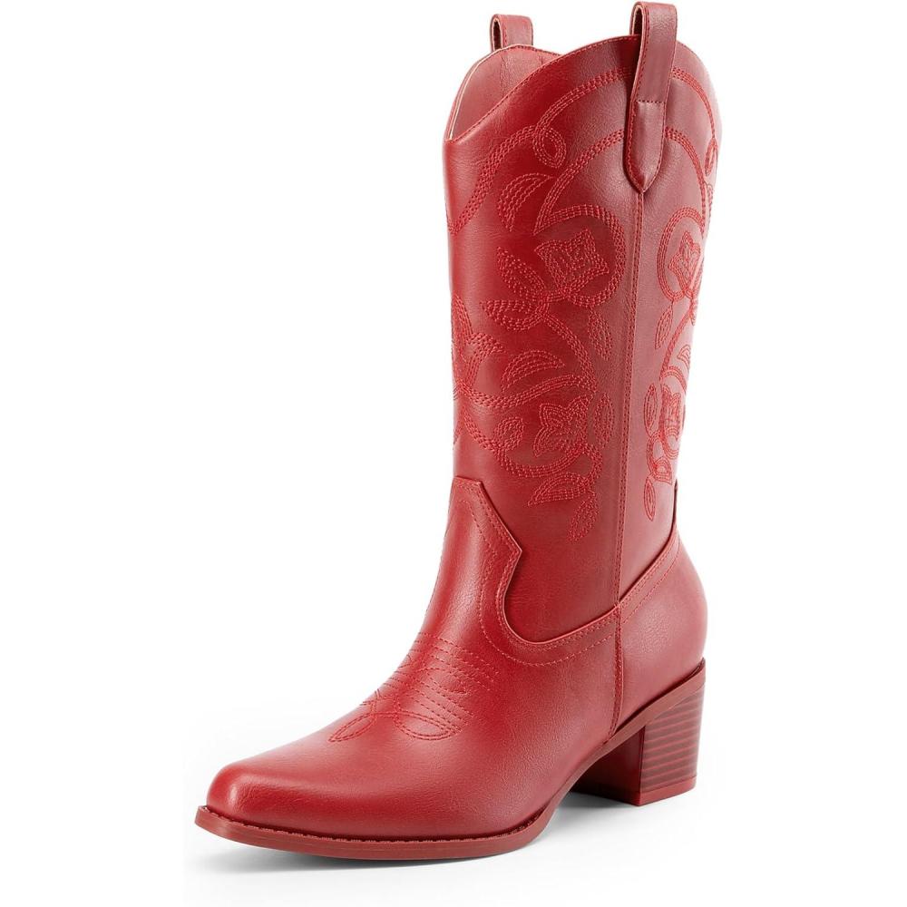 imageDREAM PAIRS Bottes de cowboy pour femme bout carr broderie bottes de cowgirl cousues bottes western talon pais pour femme RougePU 38 EU