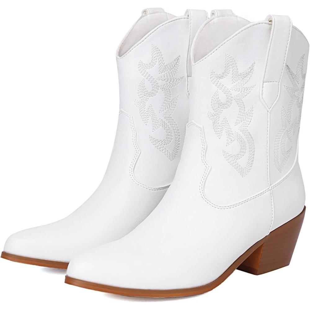 imageFemmes Western Cowboy Bottes Embroidered Metallic Cheville Bottes Pull onBlanc