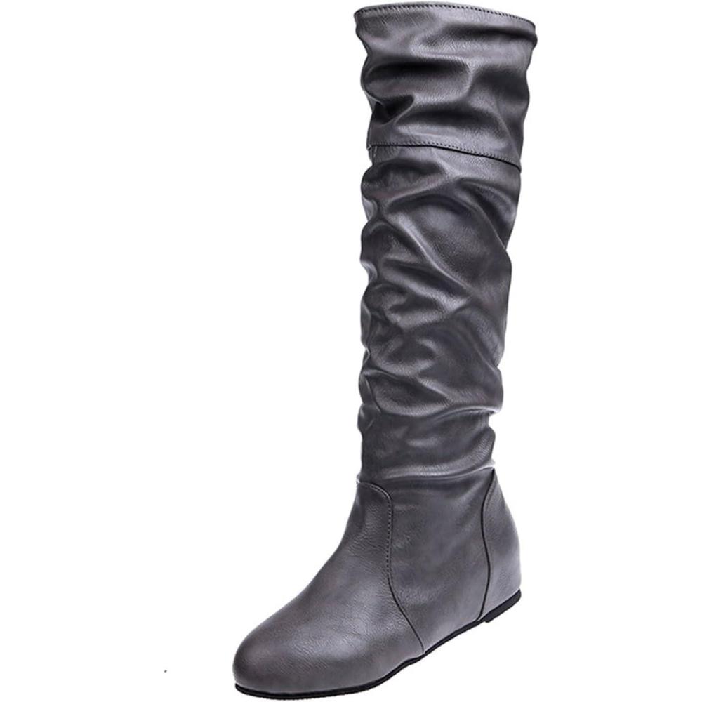 imageGenerisch Bottes western pour femme Tige large Bottines dhiver plates noires Couleur unie Antidrapantes Bout rond Bottes chaudes pour lextrieurGris