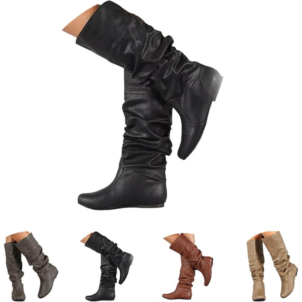 imageGenerisch Bottes western pour femme Tige large Bottines dhiver plates noires Couleur unie Antidrapantes Bout rond Bottes chaudes pour lextrieurNoir