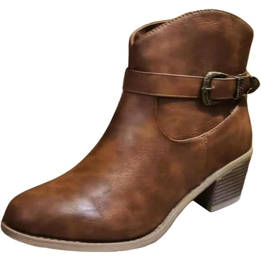 imageGenerisch Bottes western simples et confortables pour femme avec talon pais cylindre moyen pointue grande taille bottinesMarron