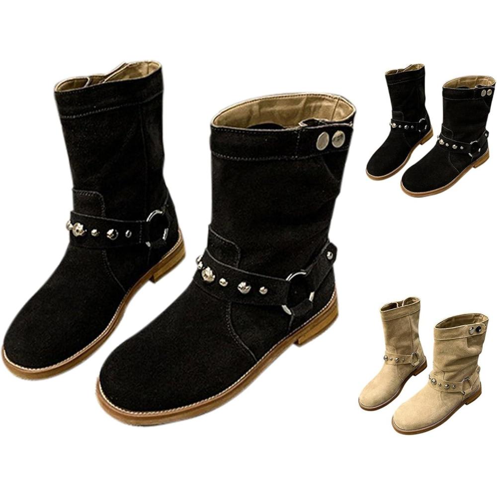 imageGnrique Bottes Cowboy FemmeBottes Western MiMollet Western pour Femme avec Talon HautBottines Dquitation Talon Bloc Bottines Basses en Daim Pointu MiLongues Bchaussures Dquitation VintageD Noir