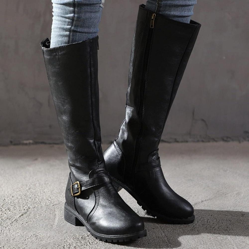 imageGnrique Bottines dautomne pour Femme Bottes Longues en Cuir pour Femme Bottes Dquitation Enfiler Bottines Western Plates Bottes dhiver Botte Haute Vintage Mode CuirNoir