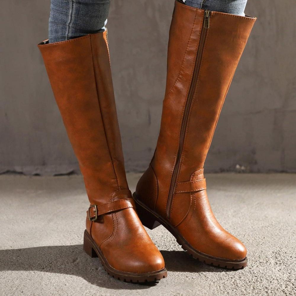 imageGnrique Bottines dautomne pour Femme Bottes Longues en Cuir pour Femme Bottes Dquitation Enfiler Bottines Western Plates Bottes dhiver Botte Haute Vintage Mode CuirJaune