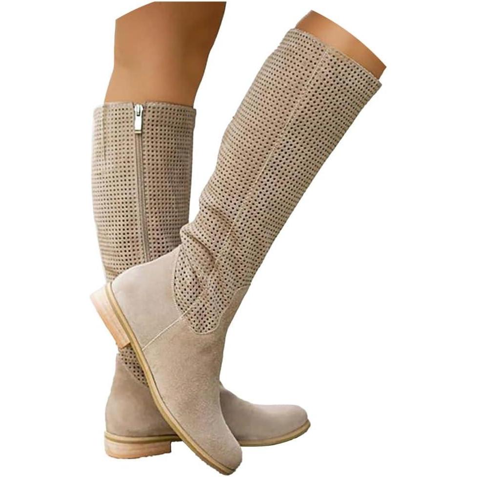 imageORANDESIGNE Bottes Dt Femme Bottes Western Cowboy en Daim Boho Chic Motif Perfor BootsA Beige