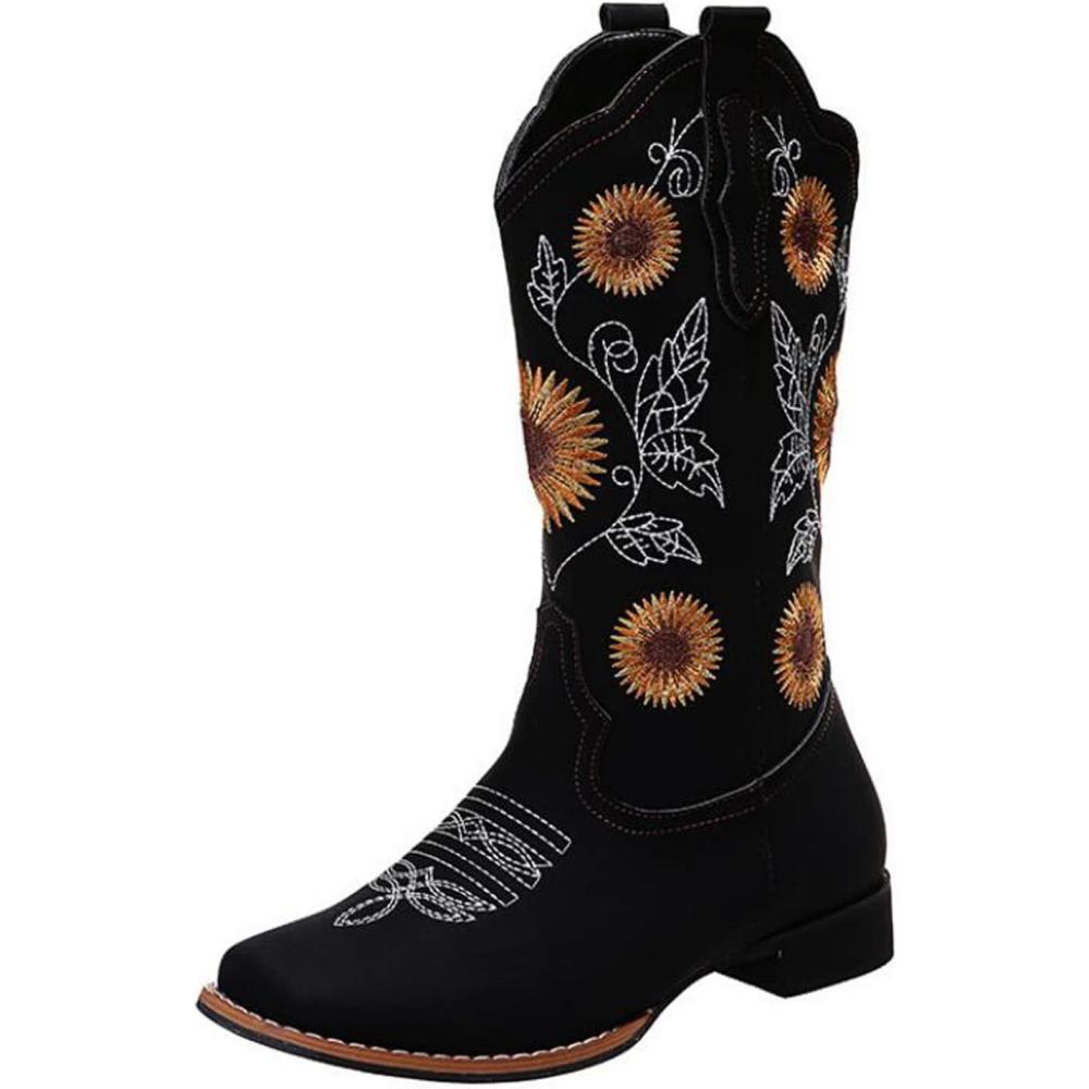 imageOTMYIGO Bottes de Tournesol pour Femmes Bottes Western Cowboy Talon pais miMollet Bottes 2022 Vintage Faux Cuir Fleur Botte de Broderie FloraleBlack Noir