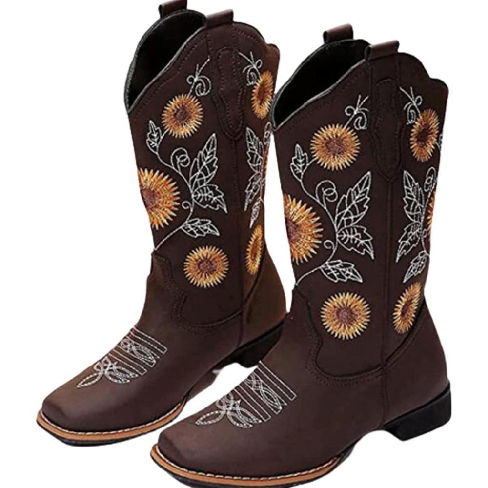 imageOTMYIGO Bottes de Tournesol pour Femmes Bottes Western Cowboy Talon pais miMollet Bottes 2022 Vintage Faux Cuir Fleur Botte de Broderie FloraleBrown Marron