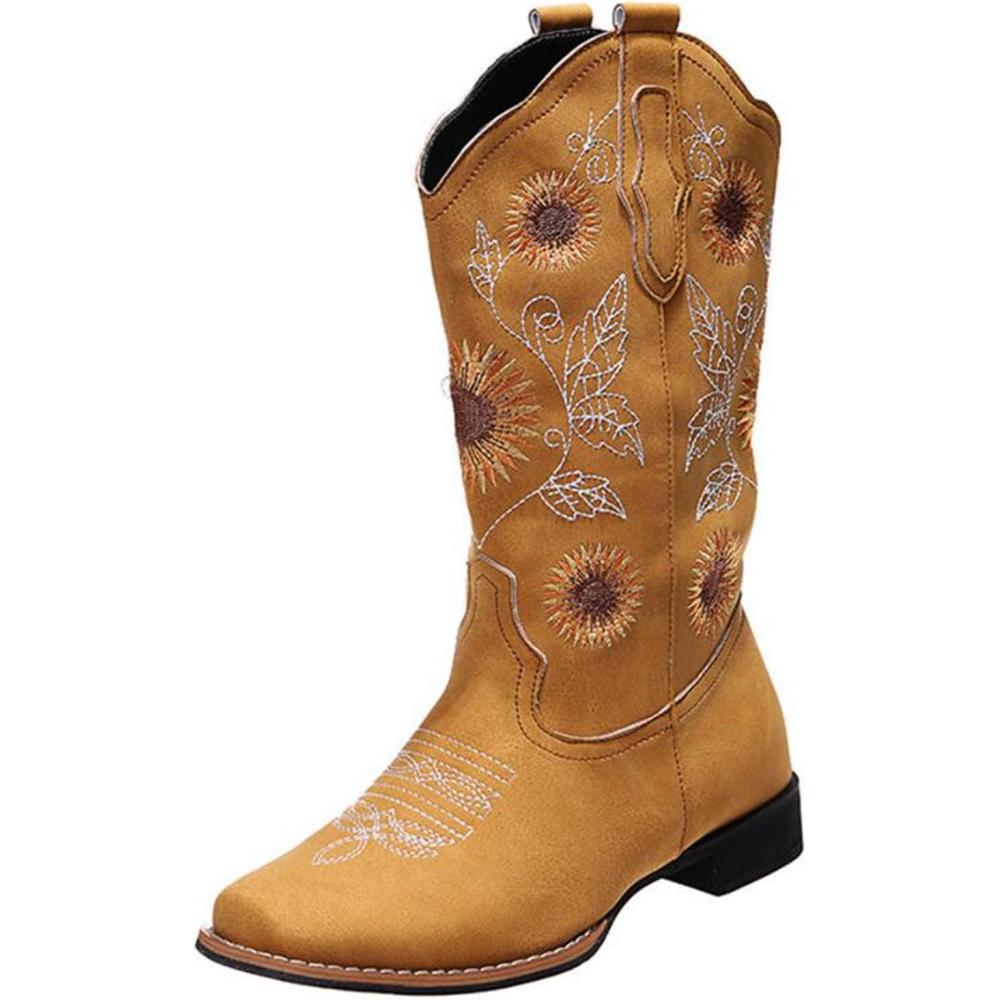 imageOTMYIGO Bottes de Tournesol pour Femmes Bottes Western Cowboy Talon pais miMollet Bottes 2022 Vintage Faux Cuir Fleur Botte de Broderie FloraleYellow Jaune