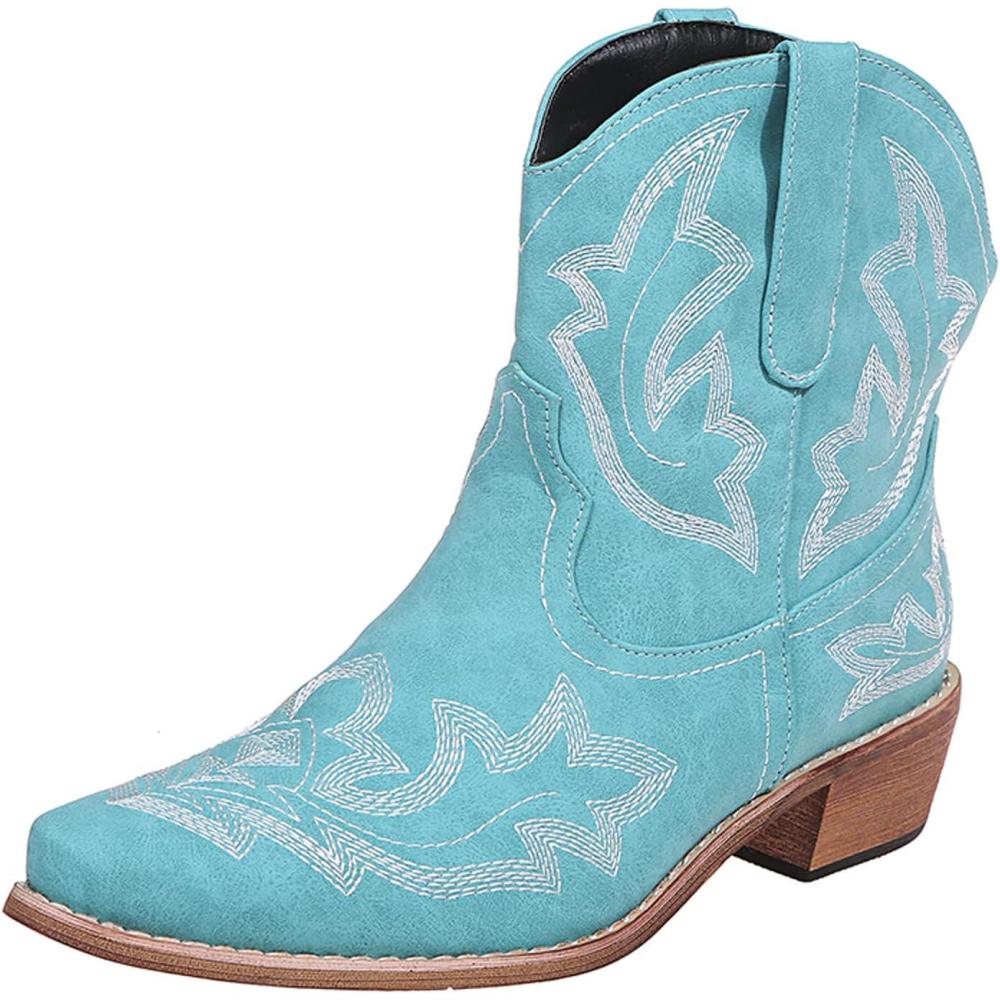 imageOTMYIGO Bottines pour Femmes Bottes de Cowboy Broderie Bottes de Marche Bottes Western miMollet Bout Pointu Bottes Courtes de Style rtroBlue Bleu