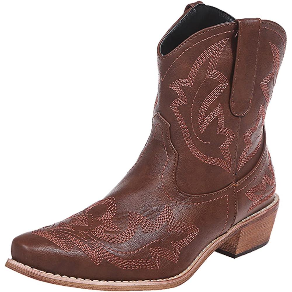 imageOTMYIGO Bottines pour Femmes Bottes de Cowboy Broderie Bottes de Marche Bottes Western miMollet Bout Pointu Bottes Courtes de Style rtroBrown Marron