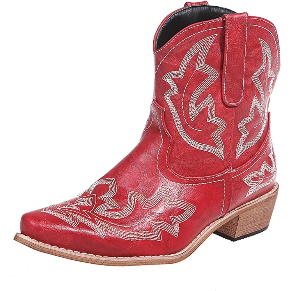 imageOTMYIGO Bottines pour Femmes Bottes de Cowboy Broderie Bottes de Marche Bottes Western miMollet Bout Pointu Bottes Courtes de Style rtroRed Rouge