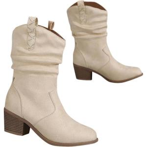 Bottes Femmes de Cowboy Motard Suède Vintage Loisir Bottines Bloc Talon(A Blanc)