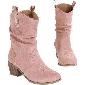 Bottes Femmes de Cowboy Motard Suède Vintage Loisir Bottines Bloc Talon(A Rose)