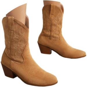 Bottes Femmes de Cowboy Motard Suède Vintage Loisir Bottines Bloc Talon(C1 Marron)