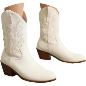 Bottes Femmes de Cowboy Motard Suède Vintage Loisir Bottines Bloc Talon(C2 Blanc)