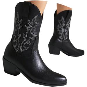 Bottes Femmes de Cowboy Motard Suède Vintage Loisir Bottines Bloc Talon(C2 Noir)