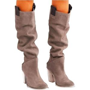 Bottes en daim pour femme avec talon – Bottes à enfiler – Talon bloc – Bottes hautes au genou – Bout pointu – Bottes western décontractées – Bottes de motard – Bottes de cowboy(Beige)