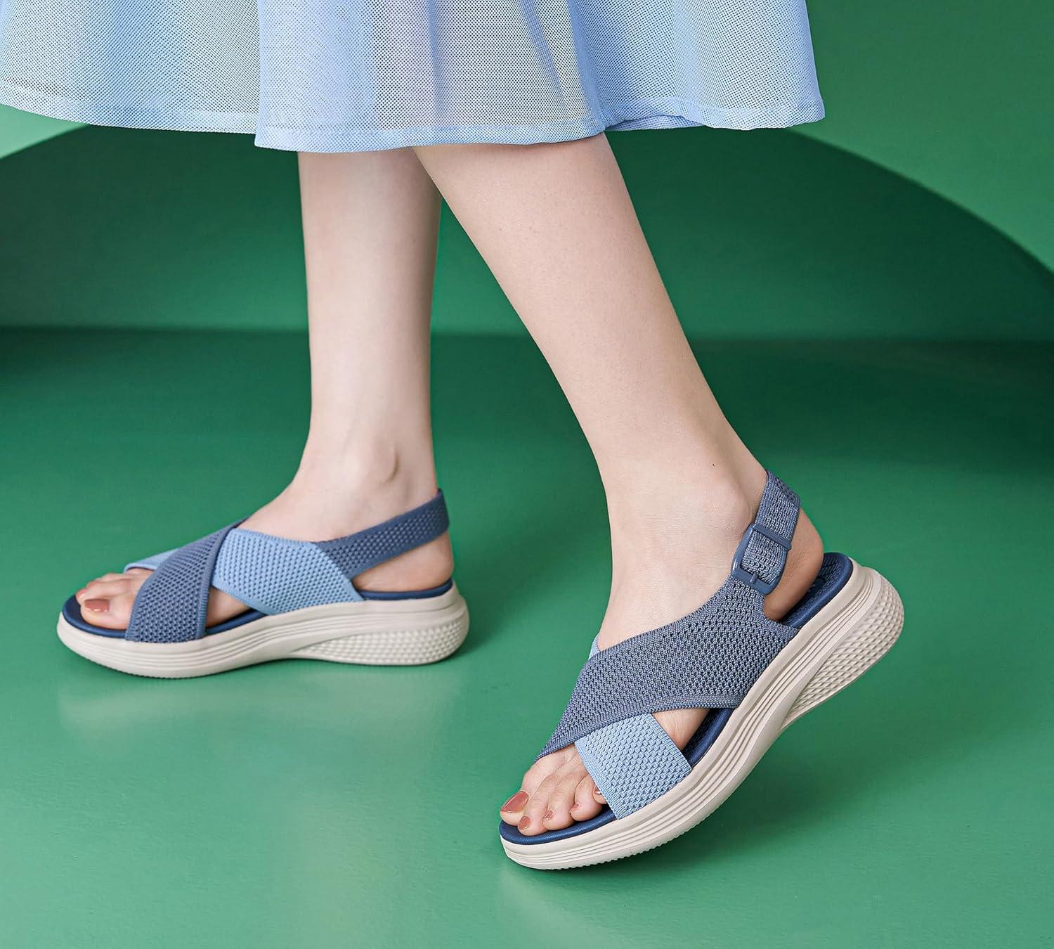 imageSandales Orthopedique Femmes Confortable Randonne Sandale Compenses Bout Ouvert Soutien Vote Plantaire Sandal Rglables t Lger Antidrapante3642 EUBleu