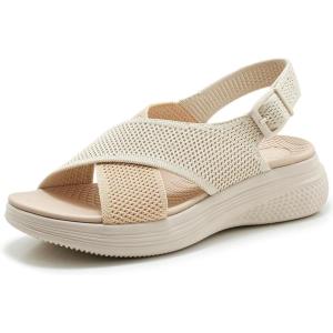 Sandales Orthopedique Femmes Confortable Randonnée Sandale Compensées Bout Ouvert Soutien Voûte Plantaire Sandal Réglables été Léger Antidérapante,36-42 EU(Beige)