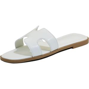 Sandales plates pour femme – En cuir – Confortables – Élégantes – Pour l&rsquo;été et l&rsquo;automne – Bout ouvert – Décontracté(Blanc)