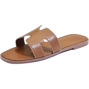 Sandales plates pour femme – En cuir – Confortables – Élégantes – Pour l&rsquo;été et l&rsquo;automne – Bout ouvert – Décontracté(Marron)