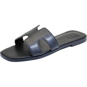 Sandales plates pour femme – En cuir – Confortables – Élégantes – Pour l&rsquo;été et l&rsquo;automne – Bout ouvert – Décontracté(Noir)
