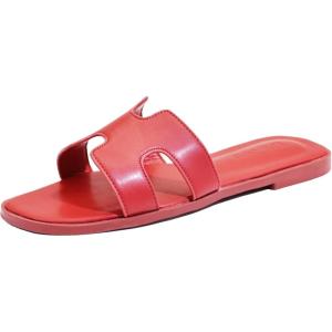 Sandales plates pour femme – En cuir – Confortables – Élégantes – Pour l&rsquo;été et l&rsquo;automne – Bout ouvert – Décontracté(Rouge)