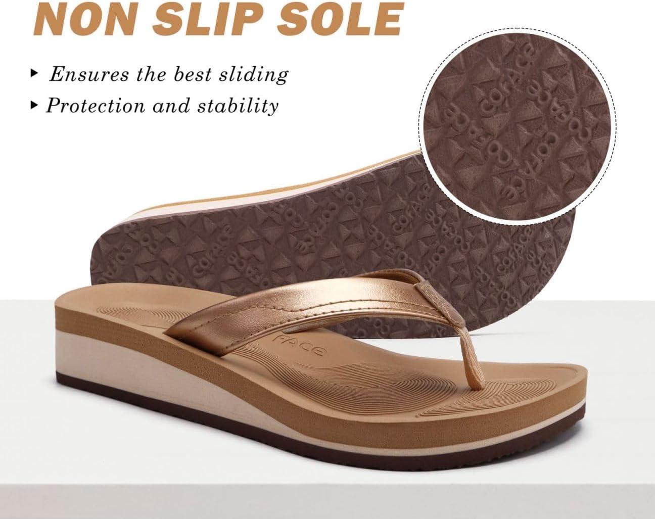 imageCOFACE Femmes Tongs Mode Sandales Tong Compensees t Plage Piscine et Vacances avec Tapis de Yoga ConfortableKaki Or