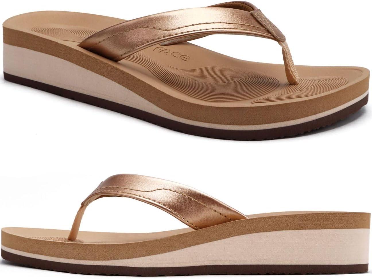 imageCOFACE Femmes Tongs Mode Sandales Tong Compensees t Plage Piscine et Vacances avec Tapis de Yoga ConfortableKaki Or