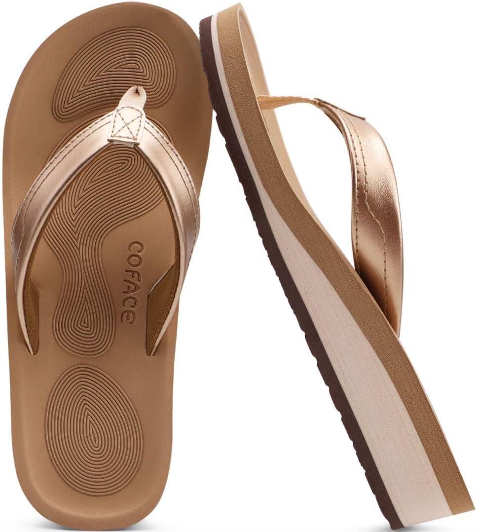 imageCOFACE Femmes Tongs Mode Sandales Tong Compensees t Plage Piscine et Vacances avec Tapis de Yoga ConfortableKaki Or