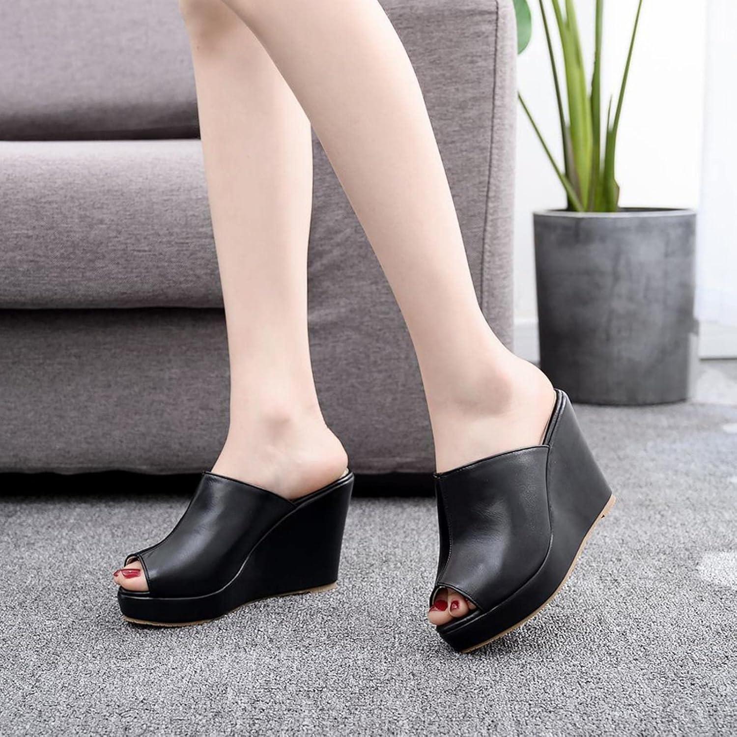 imageClaquette Talons Hauts Femme t Compenses Plateforme Pantoufles Soutien Plantaire Mules Antidrapant Chaussons Sandales Bout Ouvert Claquette Compensees Chaussure Mariage Confort pour VoyagesNoir