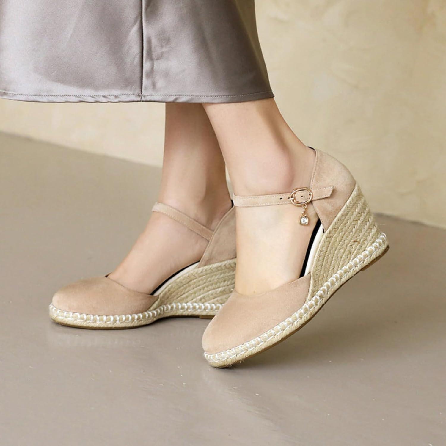 imageFemmes Ferm Bout Rond Sandales Dt Cheville Bride Robe Escarpins avec Boucle Mode Compense Plateforme SandalesBeige1