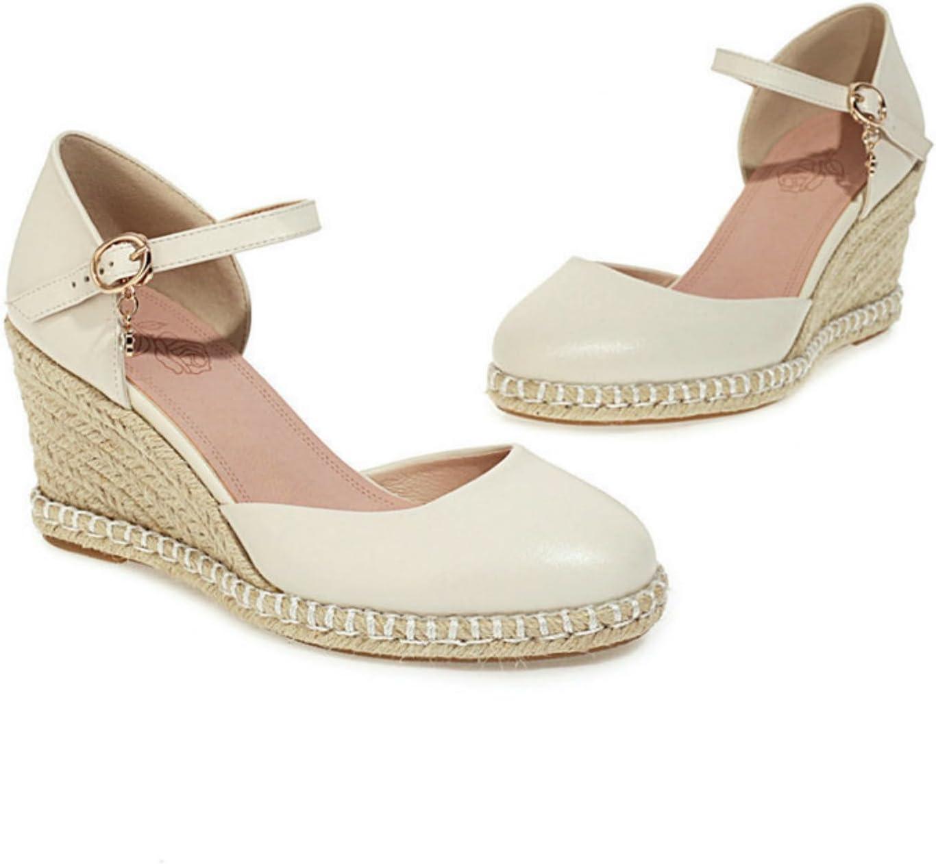imageFemmes Ferm Bout Rond Sandales Dt Cheville Bride Robe Escarpins avec Boucle Mode Compense Plateforme SandalesBeige2